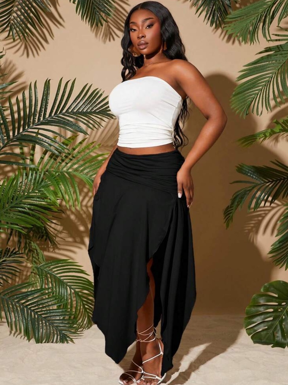 Plus Size Women Spring-Summer New City Resort Solid Color Ruched Skirt